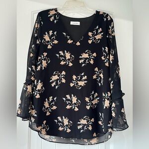Calvin Klein Black Floral Ruffle Sleeve Blouse Size Small
